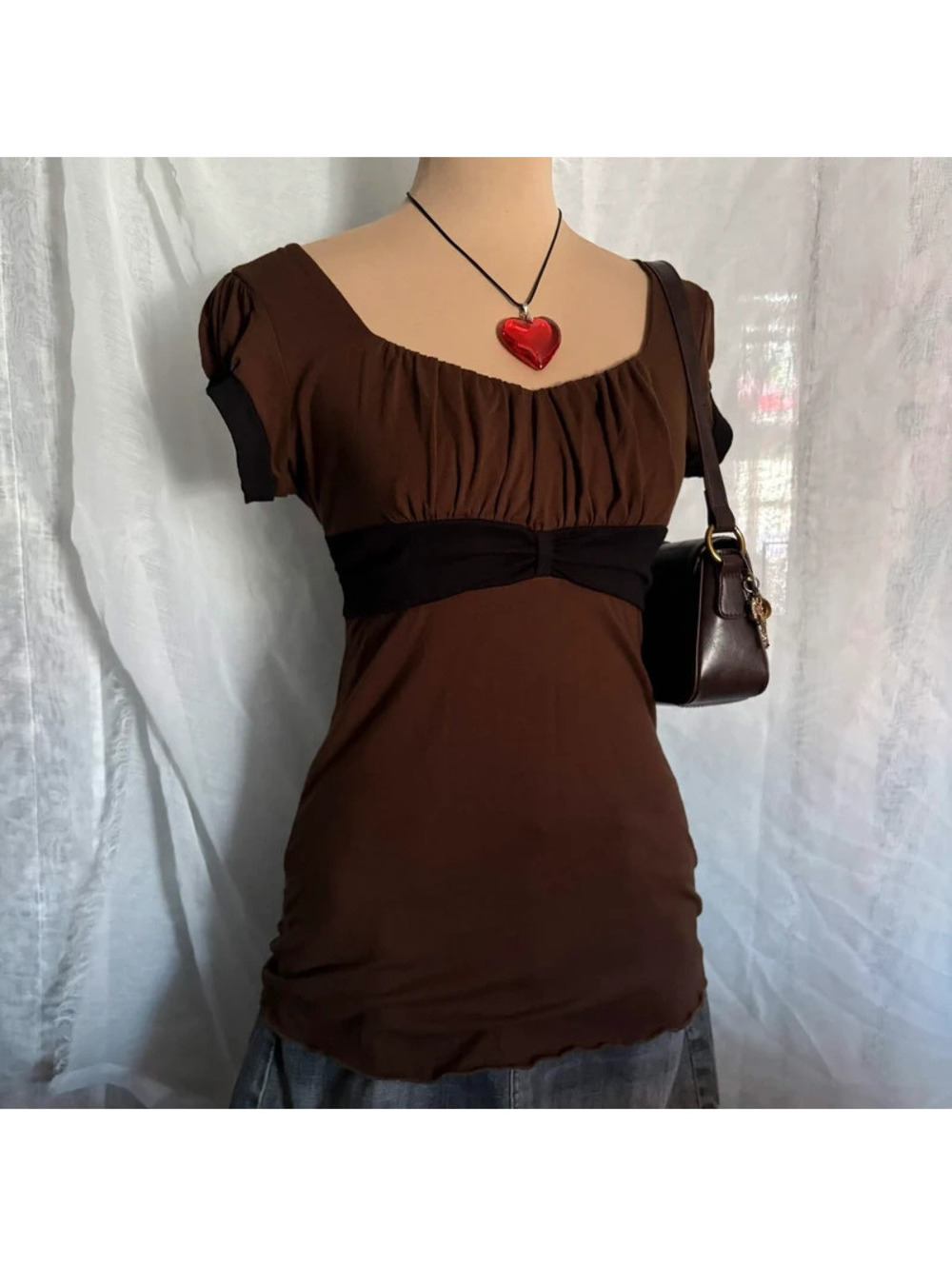 brown y2k babydoll top